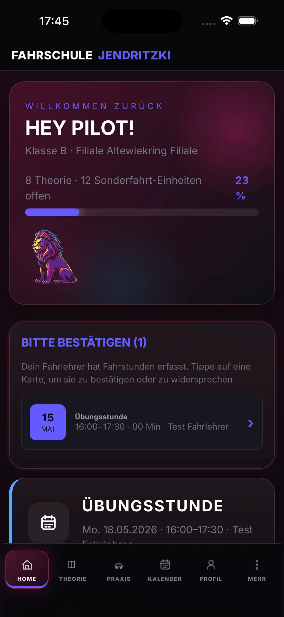 Dashboard der Jendritzki Schüler-App