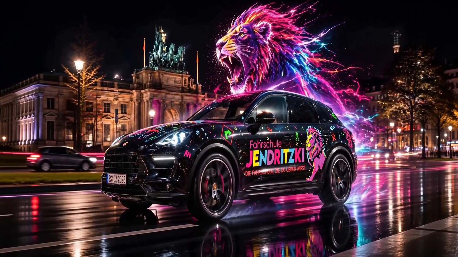 Fahrschule Jendritzki — Macan vor Quadriga in Braunschweig mit Neon-Löwen