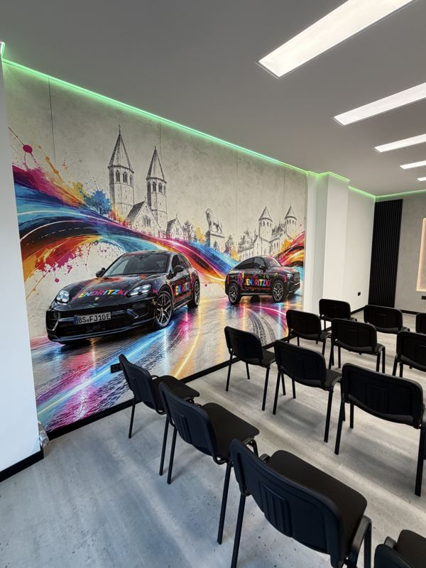 Neues Löwen-Wandbild mit Porsche und Mercedes im Theorieraum, Altewiekring 35